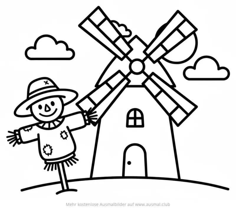 Windmühle mit Vogelscheuche Ausmalbild