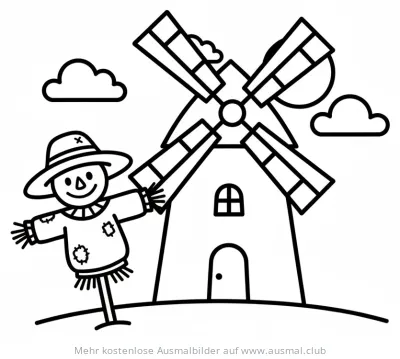 Windmühle mit Vogelscheuche Ausmalbild