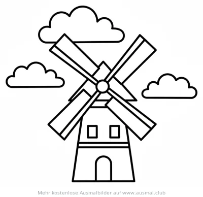 Windmühle Ausmalbild mit Wolken
