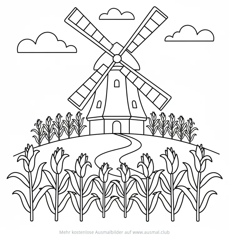 Windmühle auf Hügel mit Maisfeld Ausmalbild