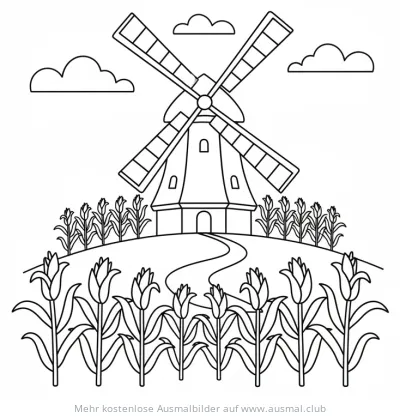 Windmühle auf Hügel mit Maisfeld Ausmalbild