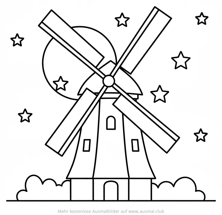 Windmühle im Mondschein mit Sternen Ausmalbild