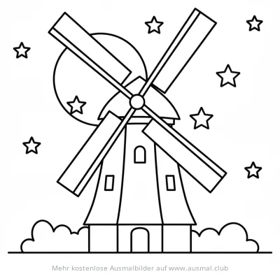 Windmühle im Mondschein mit Sternen Ausmalbild