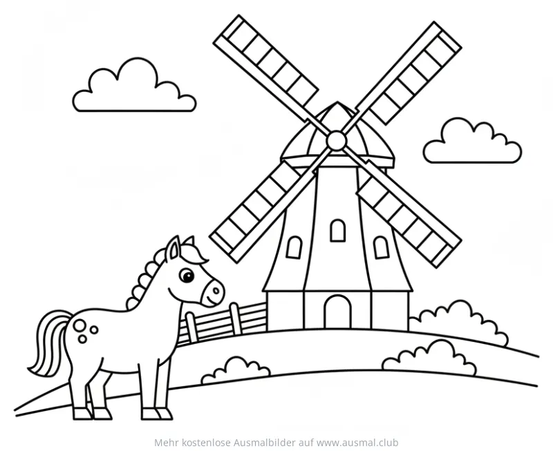 Windmühle und Pferd Ausmalbild