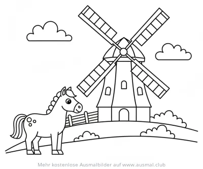 Windmühle und Pferd Ausmalbild
