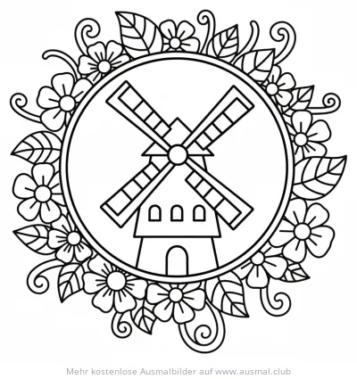 Windmühle im Blumenkreis Ausmalbild