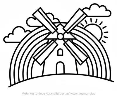 Windmühle Ausmalbild mit Regenbogen, Sonne und Wolken