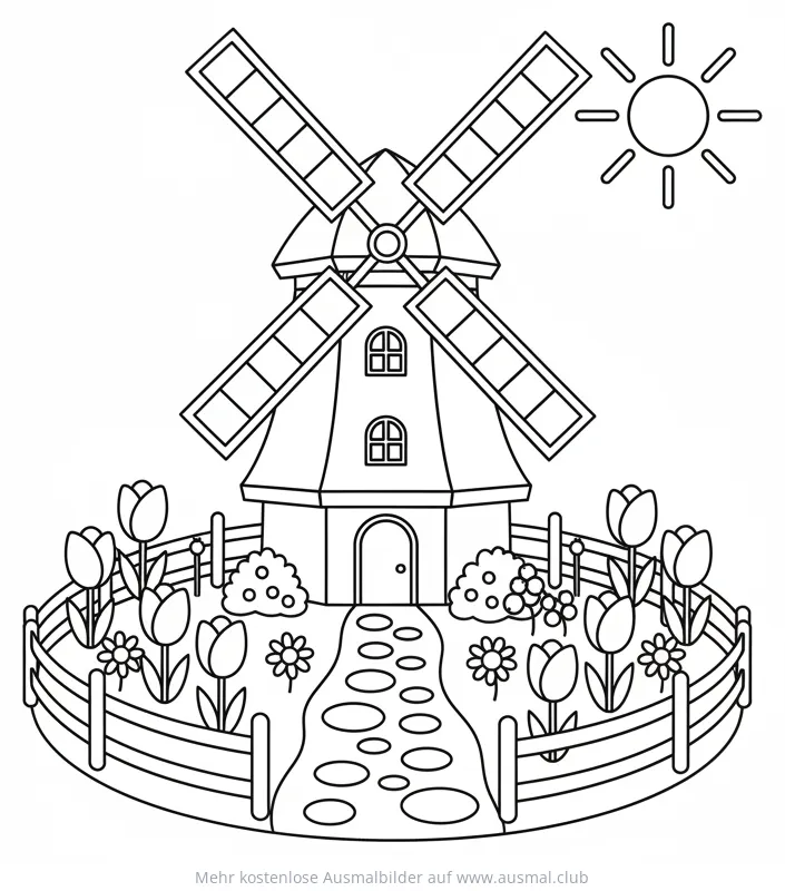 Windmühle im Garten Ausmalbild mit Blumen