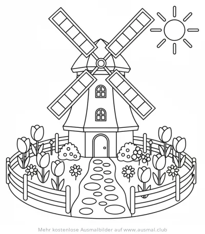 Windmühle im Garten Ausmalbild mit Blumen