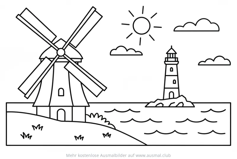 Windmühle und Leuchtturm am Meer Ausmalbild
