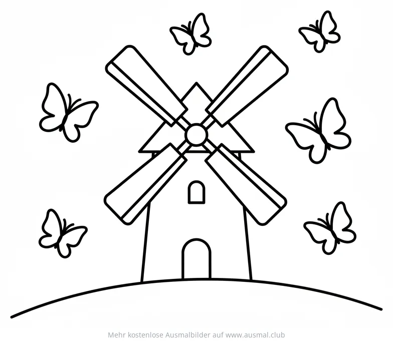 Windmühle Ausmalbild mit Schmetterlingen