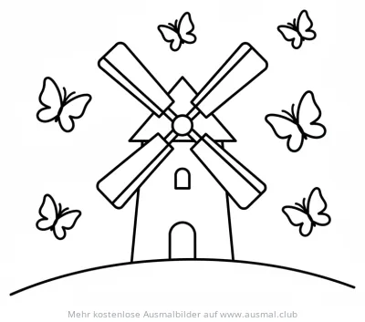 Windmühle Ausmalbild mit Schmetterlingen