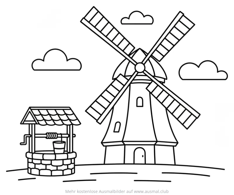 Windmühle mit Brunnen und Wolken Ausmalbild