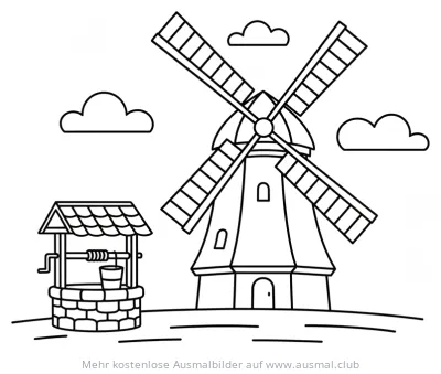 Windmühle mit Brunnen und Wolken Ausmalbild
