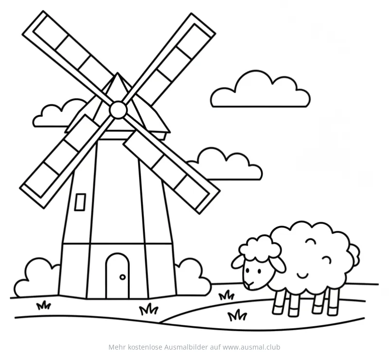 Windmühle und Schaf Ausmalbild