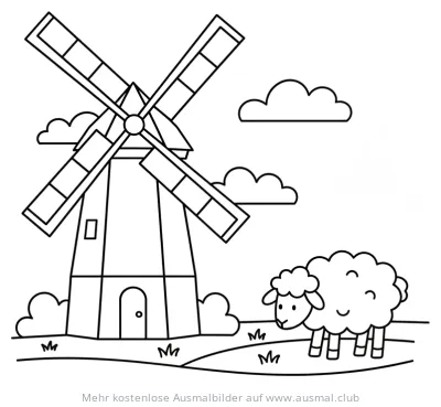 Windmühle und Schaf Ausmalbild