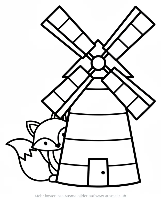 Windmühle mit Fuchs Ausmalbild