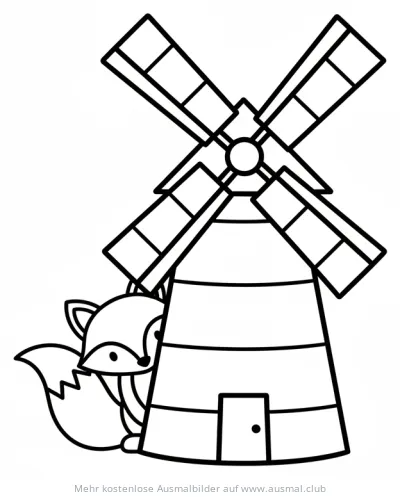 Windmühle mit Fuchs Ausmalbild