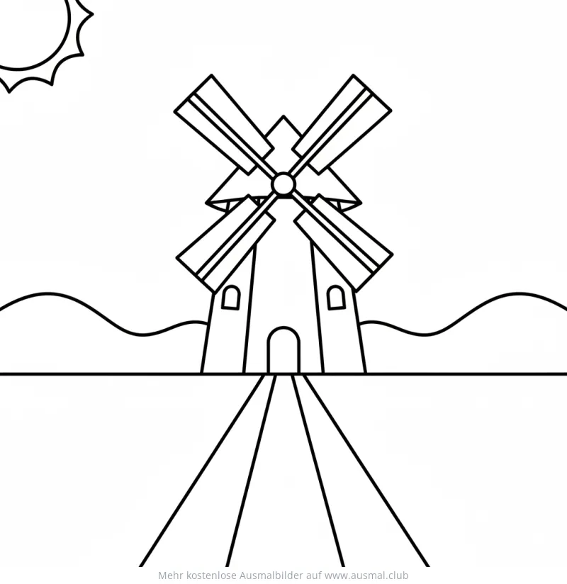 Windmühle Ausmalbild mit Straße und Hügeln