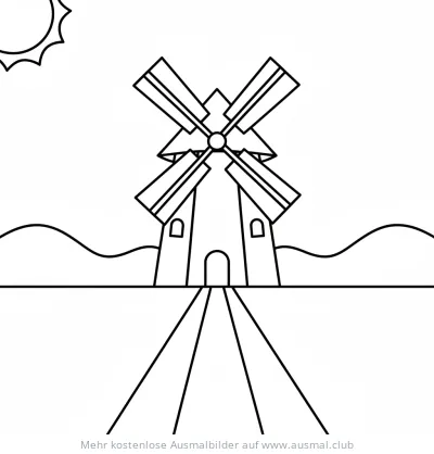Windmühle Ausmalbild mit Straße und Hügeln