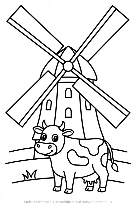 Kuh vor Windmühle Ausmalbild