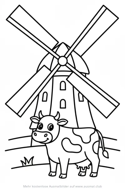 Kuh vor Windmühle Ausmalbild