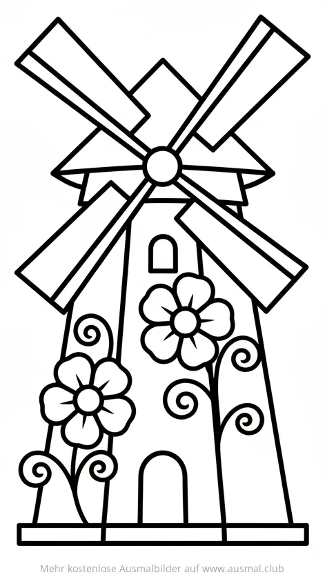 Windmühle mit Blumenranke Ausmalbild