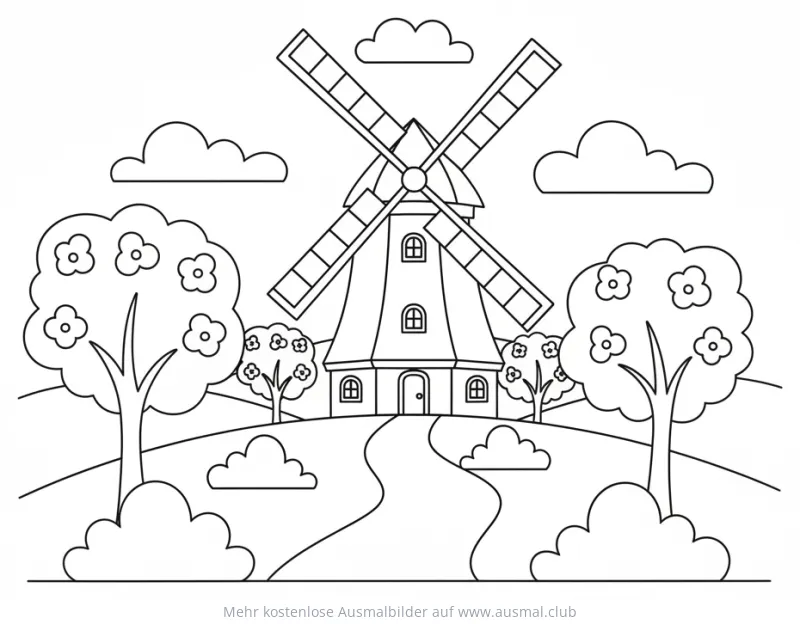 Windmühle im Frühling Ausmalbild