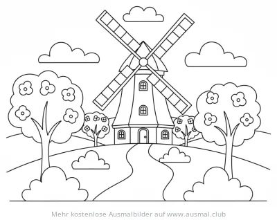 Windmühle im Frühling Ausmalbild