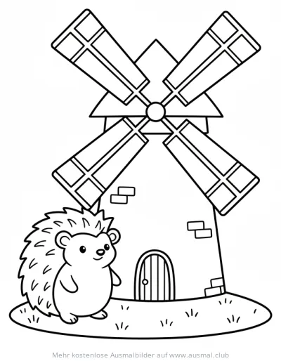 Igel vor Windmühle Ausmalbild