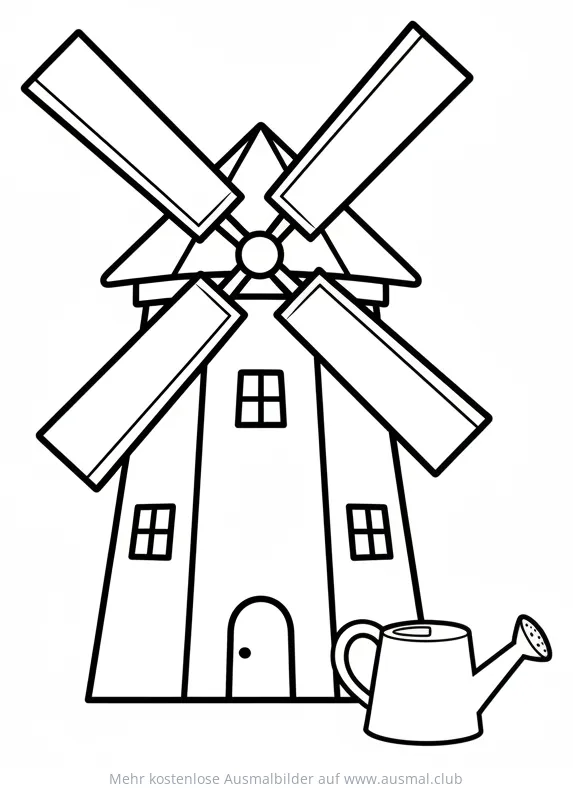 Windmühle mit Gießkanne Ausmalbild