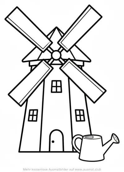 Windmühle mit Gießkanne Ausmalbild