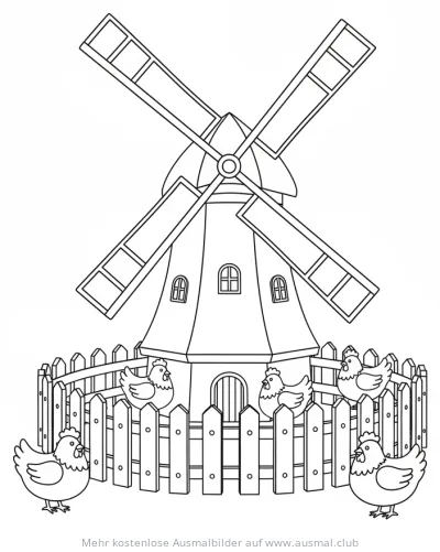 Windmühle und Hühner Ausmalbild mit Zaun