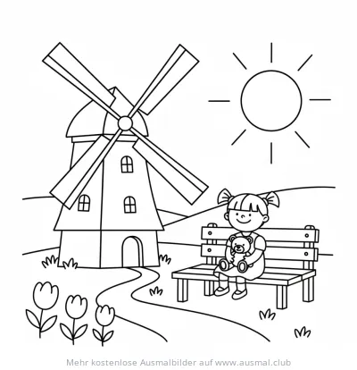 Windmühle mit Mädchen auf Bank und Teddybär Ausmalbild
