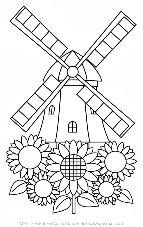 Windmühle mit Sonnenblumen Ausmalbild