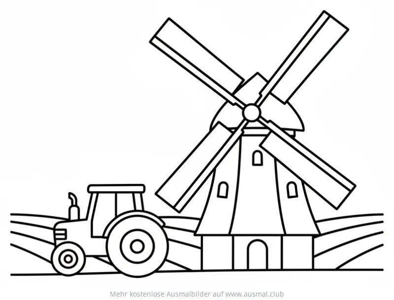 Windmühle und Traktor Ausmalbild auf dem Feld