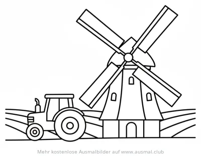 Windmühle und Traktor Ausmalbild auf dem Feld