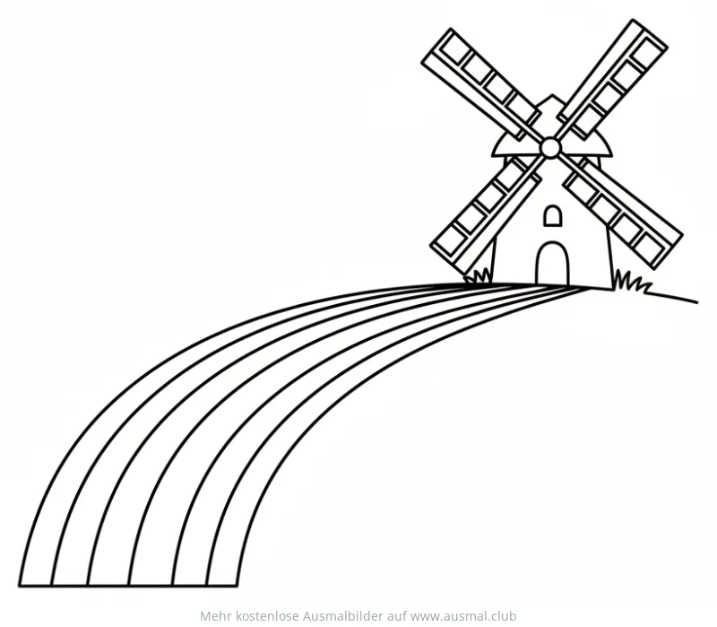 Windmühle mit Regenbogenbrücke Ausmalbild