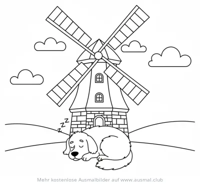 Windmühle Ausmalbild mit schlafendem Hund