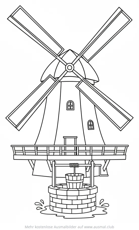 Windmühle mit Ziehbrunnen Ausmalbild
