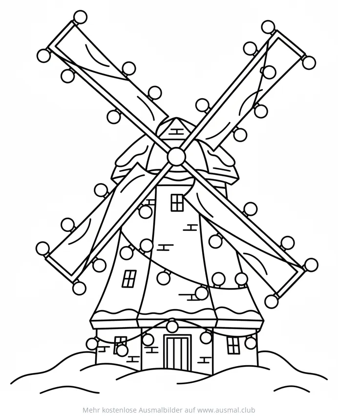 Windmühle Ausmalbild mit Weihnachtsbeleuchtung