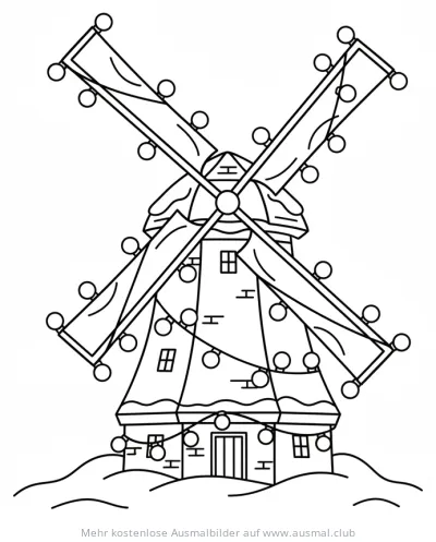 Windmühle Ausmalbild mit Weihnachtsbeleuchtung