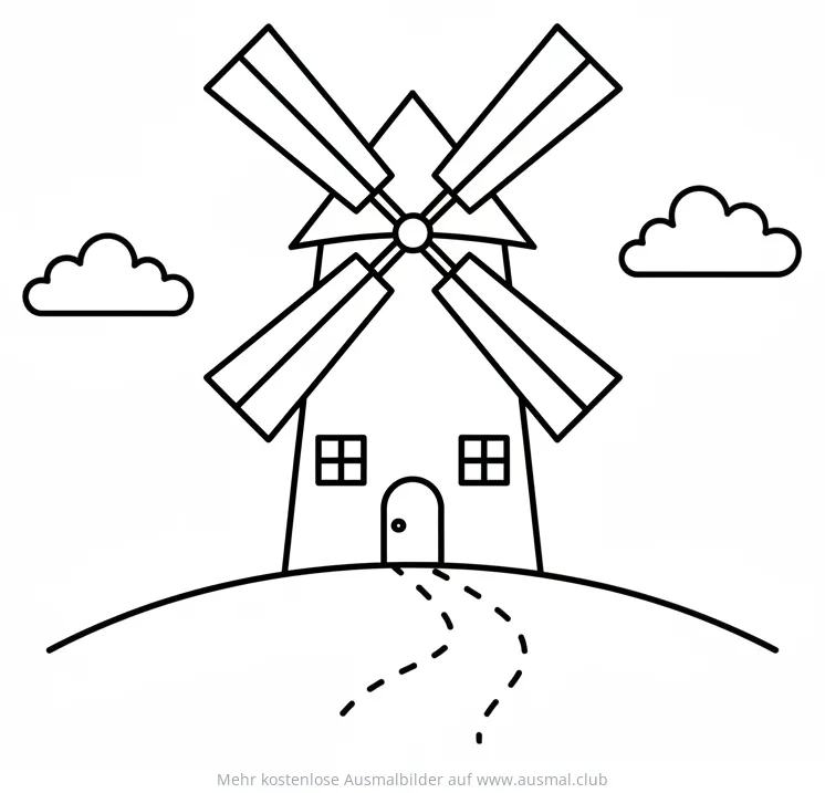 Einfaches Windmühle Ausmalbild mit Wolken
