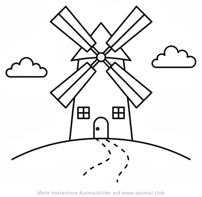 Einfaches Windmühle Ausmalbild mit Wolken