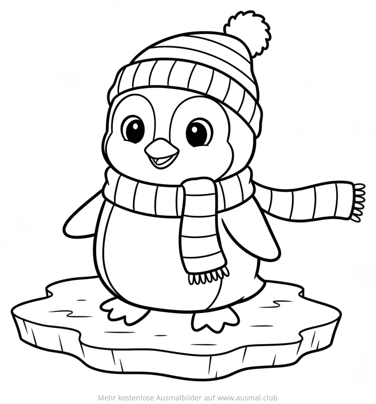 Pinguin mit Mütze und Schal auf Eisscholle Ausmalbild