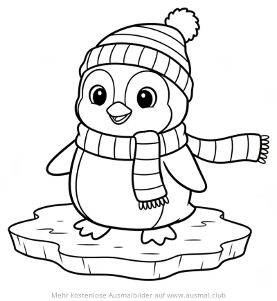 Pinguin mit Mütze und Schal auf Eisscholle Ausmalbild