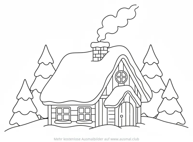 Winterhaus mit Schnee und Tannenbäumen Ausmalbild