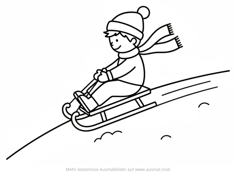 Junge mit Mütze und Schal fährt Schlitten Ausmalbild