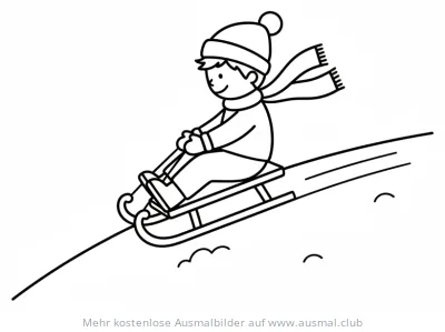 Junge mit Mütze und Schal fährt Schlitten Ausmalbild