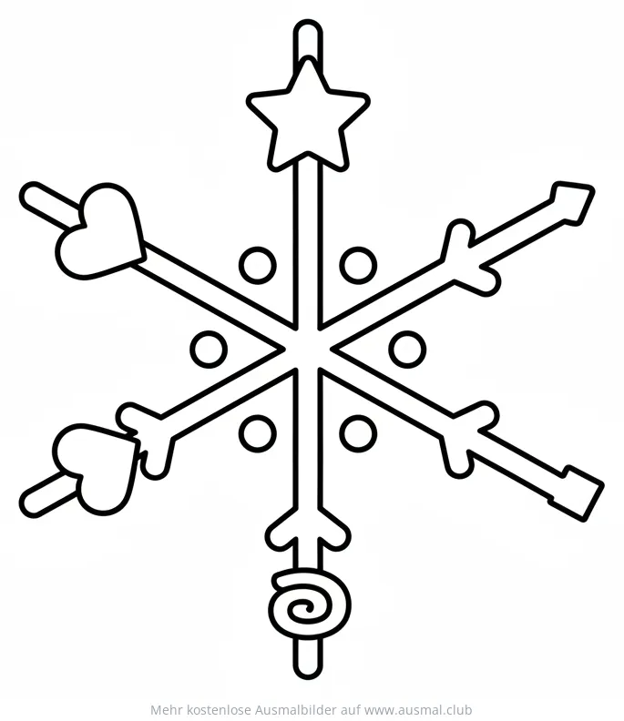 Schneeflocke Ausmalbild mit Stern, Herz und Kreisen